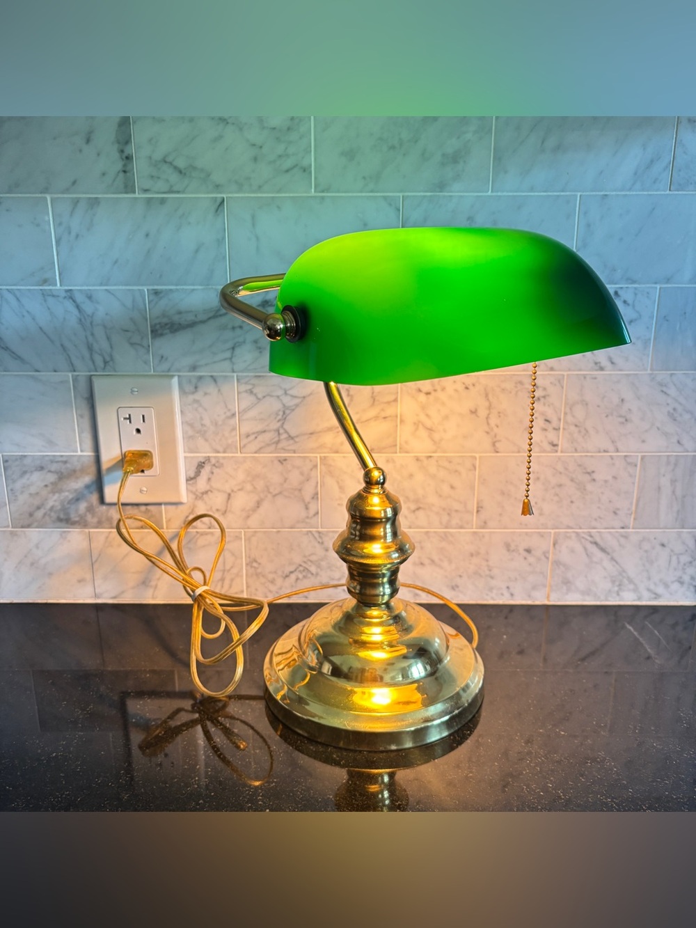 Vintage Green Glass and Brass Bankers Desk Lamp - Tested and Working